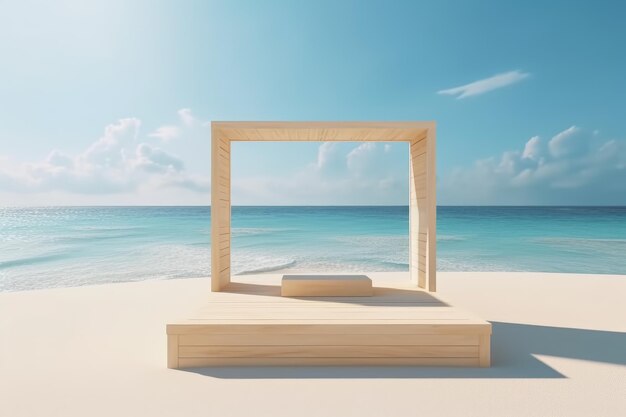 Un sillón de madera en una playa con un cielo azul y el sol detrás