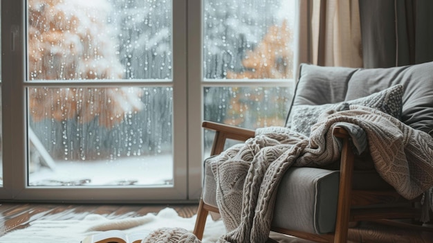 Un sillón con una manta cálida contra el fondo de una ventana clima lluvioso interior acogedor concepto de lujo tranquilo