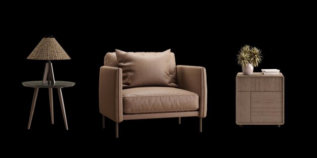 Sillón marrón con mesa y lámpara aislados3d renderización