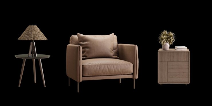 Sillón marrón con mesa y lámpara aislados3d renderización