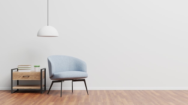 Sillón, mesa de madera y lámparas en la sala de estar, render 3d