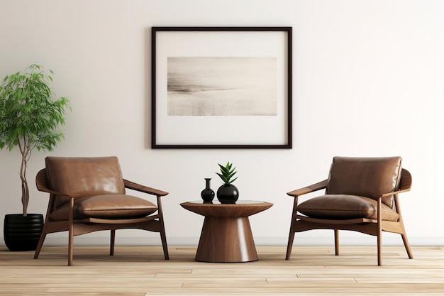 Sillón y mesa redonda de madera contra pared beige y marco de póster