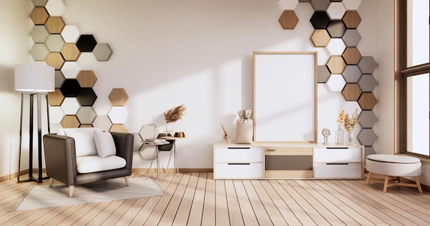 Sillón y mueble, plantas de decoración con baldosas hexagonales de madera, blanco, negro en la pared Habitación moderna minimalista Representación 3D