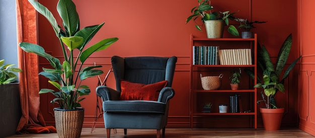 Sillón oscuro con estantería de cojines y plantas de interior junto a la pared de color claro