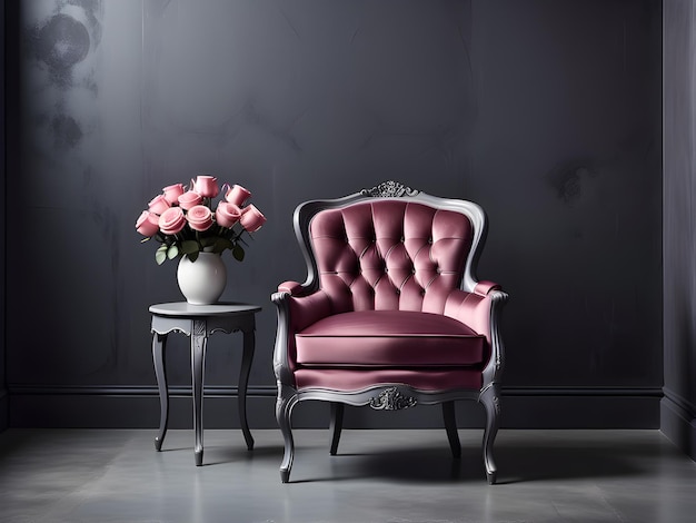 sillón retro glamour de color rosa polvoriento con rosas en estilo neoclásico