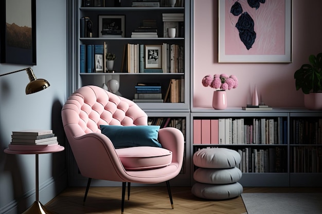 Sillón rosa rodeado de una colección de libros de arte que le da un toque de sofisticación