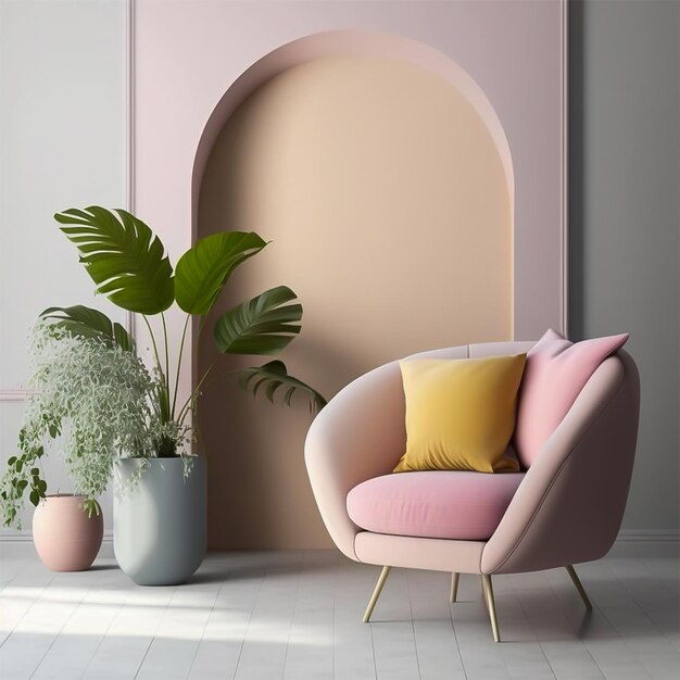 Sillón de salón moderno de madera sobre fondo de pared de color pastel Diseño interior minimalista