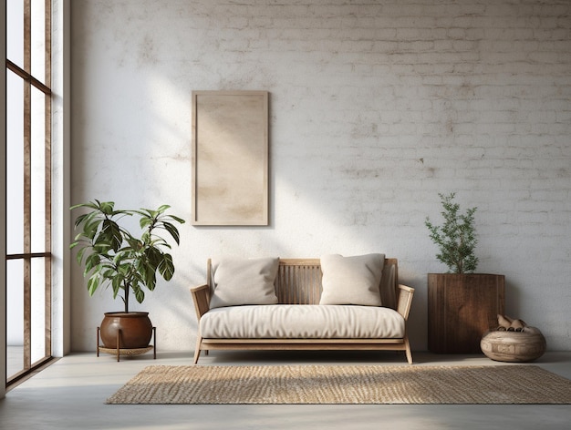 Sillón sobre una alfombra junto a un banco con plantas en interior de loft blanco con sofá de madera IA generativa