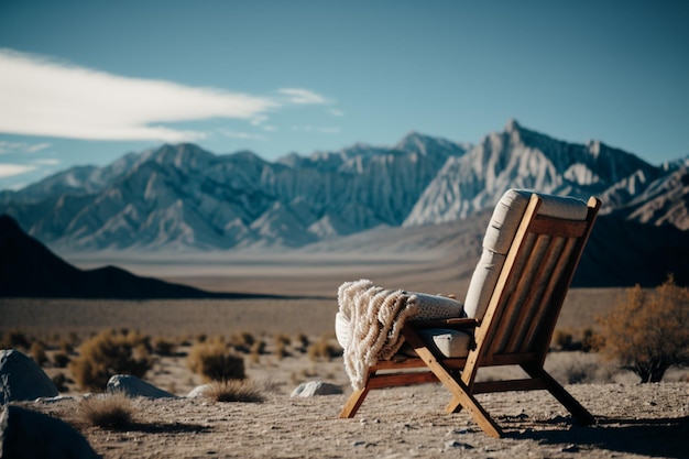 Un sillón con tartán sobre un fondo de montañas Un espacio de soledad, ralentización y relajación Equilibrio con el entorno Retiro de naturaleza en la montaña