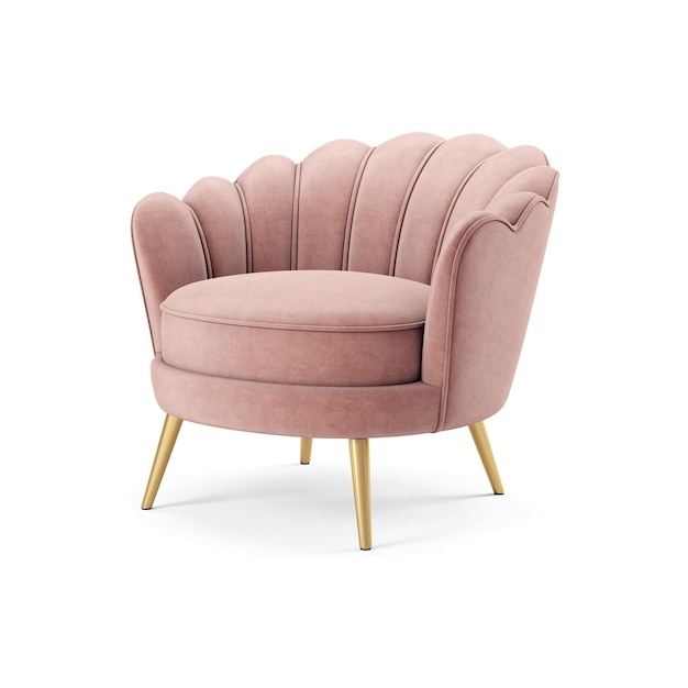 Foto sillón de terciopelo rosa con patas doradas y base dorada.