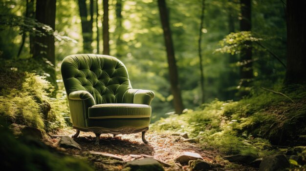 Un sillón verde en medio del bosque.