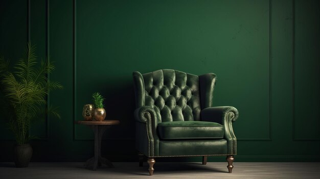 Sillón verde sobre fondo de pared verde oscuro Generación AI