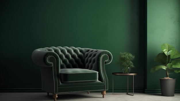 Sillón verde sobre fondo de pared verde oscuro Generación AI