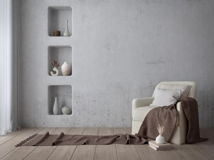 Sillones interiores de estilo mediterráneo sobre suelo de madera y fondo de hormigón blanco