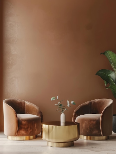 Los sillones de peluche beige con acentos de bronce están ubicados en un rincón acogedor rodeado de exuberantes plantas tropicales verdes que crean un santuario sereno y acogedor dentro del espacio