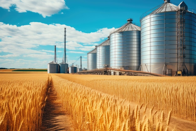 Silo agrícola em campo de trigo Armazenamento de produtos agrícolas