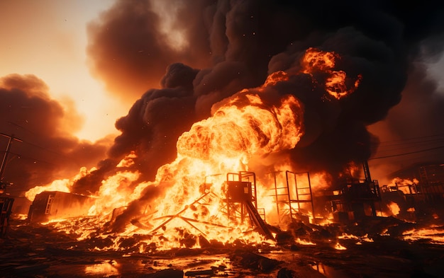 Un silo de grano bombardeado que contiene grano aún en llamas