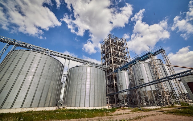 El silo de grano del elevador de metal en la zona agrícola El almacén de grano o depósito es una parte importante de la cosecha de trigo Sorn y otros cultivos se almacenan en él