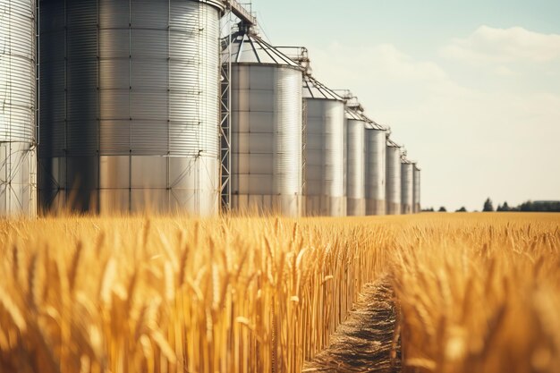 Silos en un campo de trigo Almacenamiento de producción agrícola