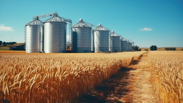 Silos en un campo de trigo Almacenamiento de producción agrícola