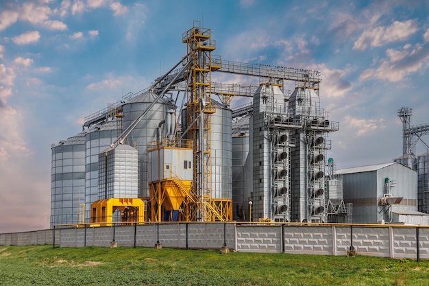 Foto silos en el complejo agroindustrial con línea de limpieza y secado de semillas para el almacenamiento de granos