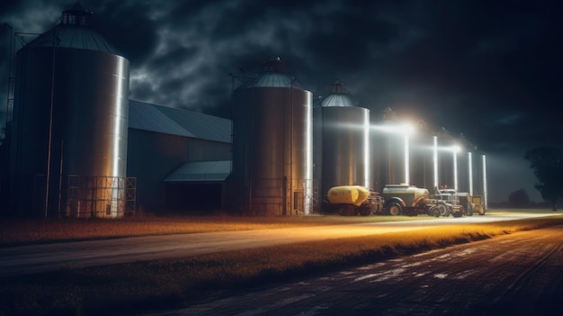 Silos de grãos no campo à noite