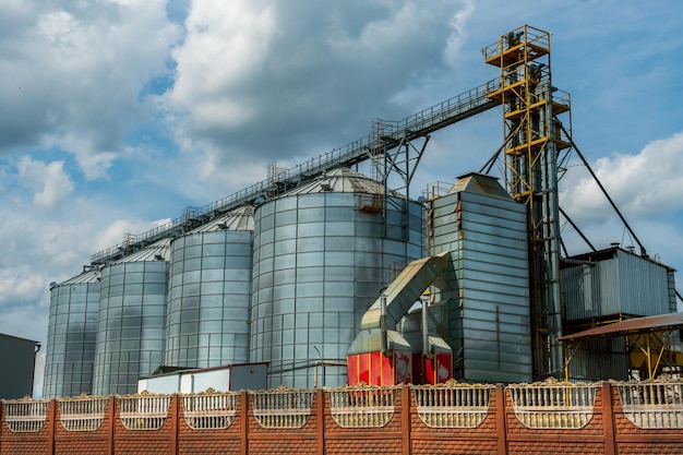 Silos de prata em planta de fabricação agro para processamento de secagem, limpeza e armazenamento de produtos agrícolas farinha de cereais e grãos Grandes barris de ferro de grãos Elevador de celeiro