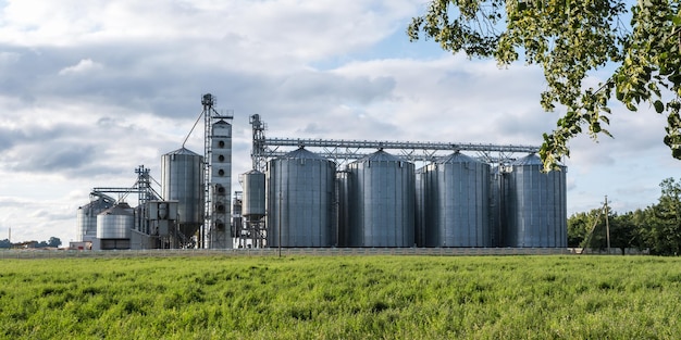 Silos de prata na planta de agroprocessamento e fabricação para processamento de secagem, limpeza e armazenamento de produtos agrícolas farinha de cereais e grãos Moderno elevador de celeiro e linha de limpeza de sementes