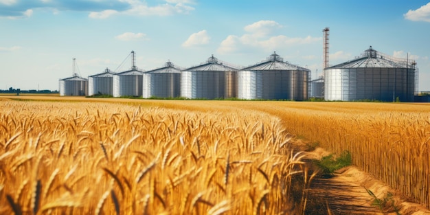 Silos em um campo de trigo Armazenamento da produção agrícola