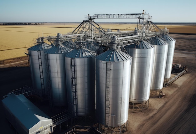 Silos de granos agrícolas en el campo de trigo vista aérea de la escena rural