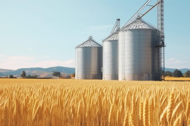 Silos num campo de trigo Armazenamento da produção agrícola