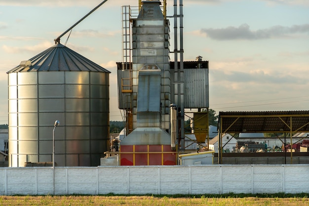 Foto silos de plata en la planta de fabricación agrícola para el procesamiento, secado, limpieza y almacenamiento de productos agrícolas, harina, cereales y granos grandes barriles de hierro de grano elevador de granero