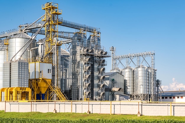 Silos de plata en la planta de procesamiento y fabricación de productos agrícolas para el procesamiento, secado, limpieza y almacenamiento de productos agrícolas, harina, cereales y granos, elevador de granero