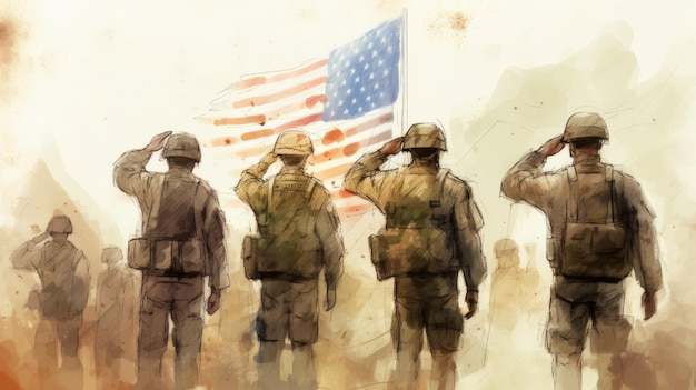Foto silouethes de soldados americanos saudando sua bandeira conceito do dia dos veteranos ai generative