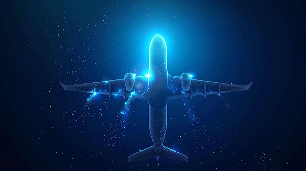 Silueta abstracta de un avión hecha de partículas brillantes sobre un fondo azul oscuro