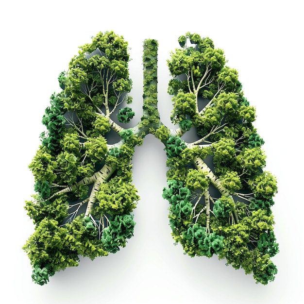 Silueta abstracta de pulmones de árboles verdes sobre un fondo blanco