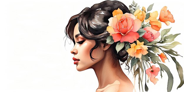 La silueta de acuarela de una mujer de piel oscura con flores brillantes en el cabello es el retrato de primavera y verano de la libertad, la feminidad, la boda, la novia barbero generada por la IA.