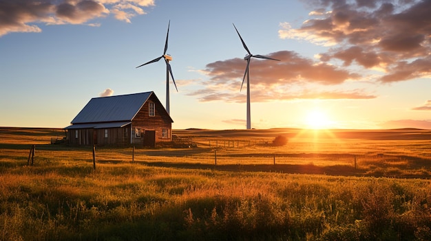 La silueta de un aerogenerador alimenta una granja remota en la pradera con una alternativa