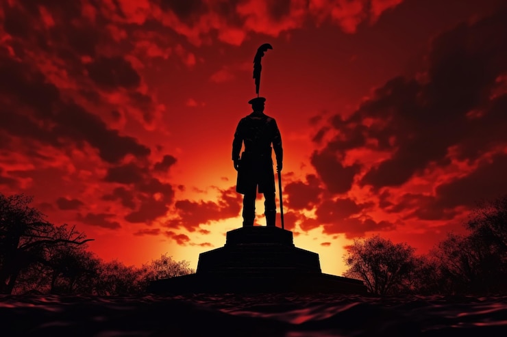 Foto silueta al atardecer de un monumento a la guerra contra una ai generativa