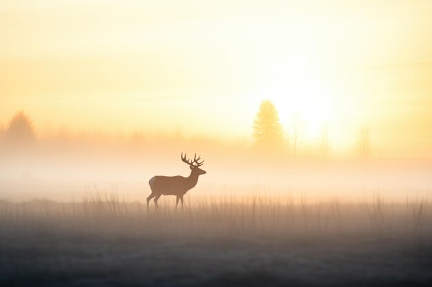 Foto silueta de alce al amanecer en un campo de niebla