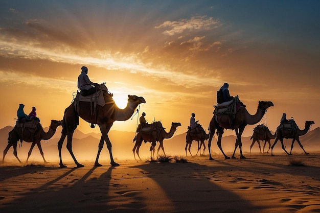 La silueta del amanecer de la caravana de camellos del desierto