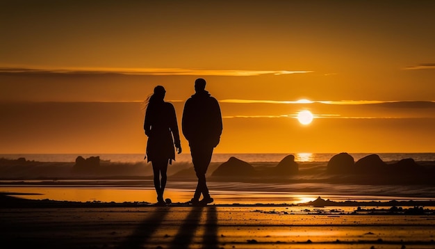 Silueta de amantes paseando por la playa durante la puesta de sol