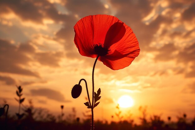 La silueta de las amapolas contra el cielo al atardecer