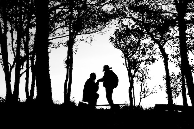 silueta de amor pareja en árboles frontera, espalda y tono blanco