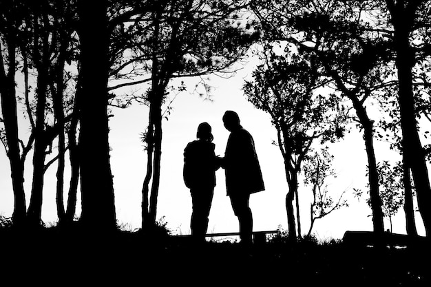 silueta de amor pareja en árboles frontera, espalda y tono blanco