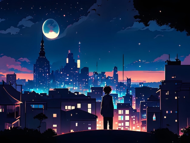 silueta anime paisaje urbano en la noche