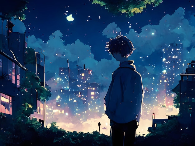 silueta anime paisaje urbano en la noche