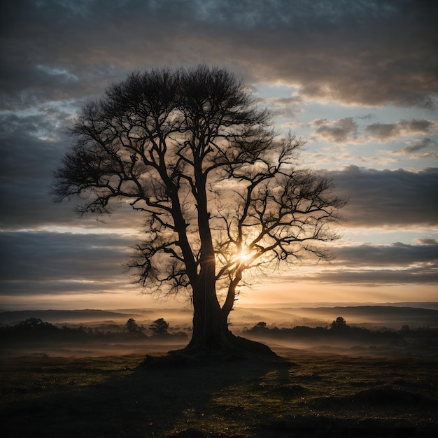 Silueta Anochecer Tronco Árbol Viejo