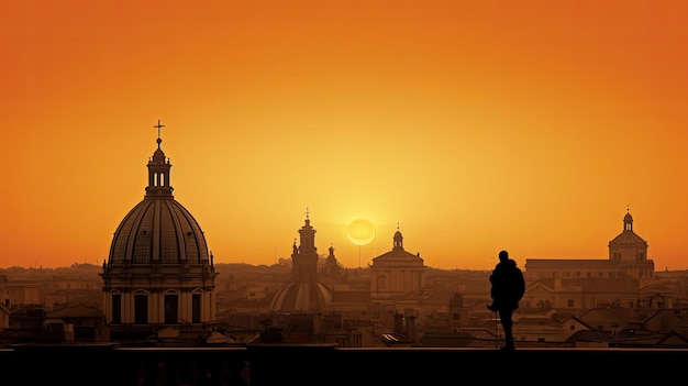 Silueta de la antigua arquitectura italiana vista desde un techo de Roma al amanecer