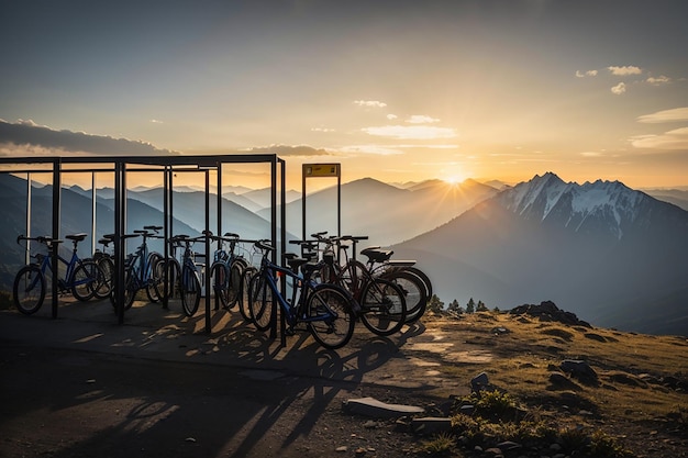 Silueta de aparcamiento de bicicletas en la montaña